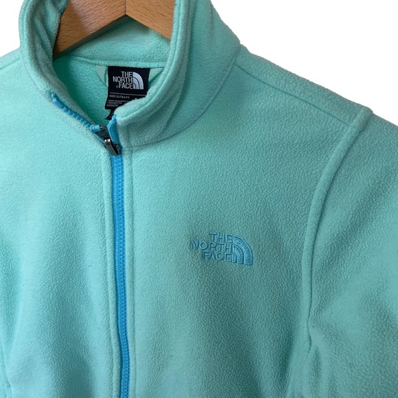 Girls M 10-12 North Face Mint Green Turquoise Blue Zip UP Trim Fleece Jacket - Picture 2 of 3